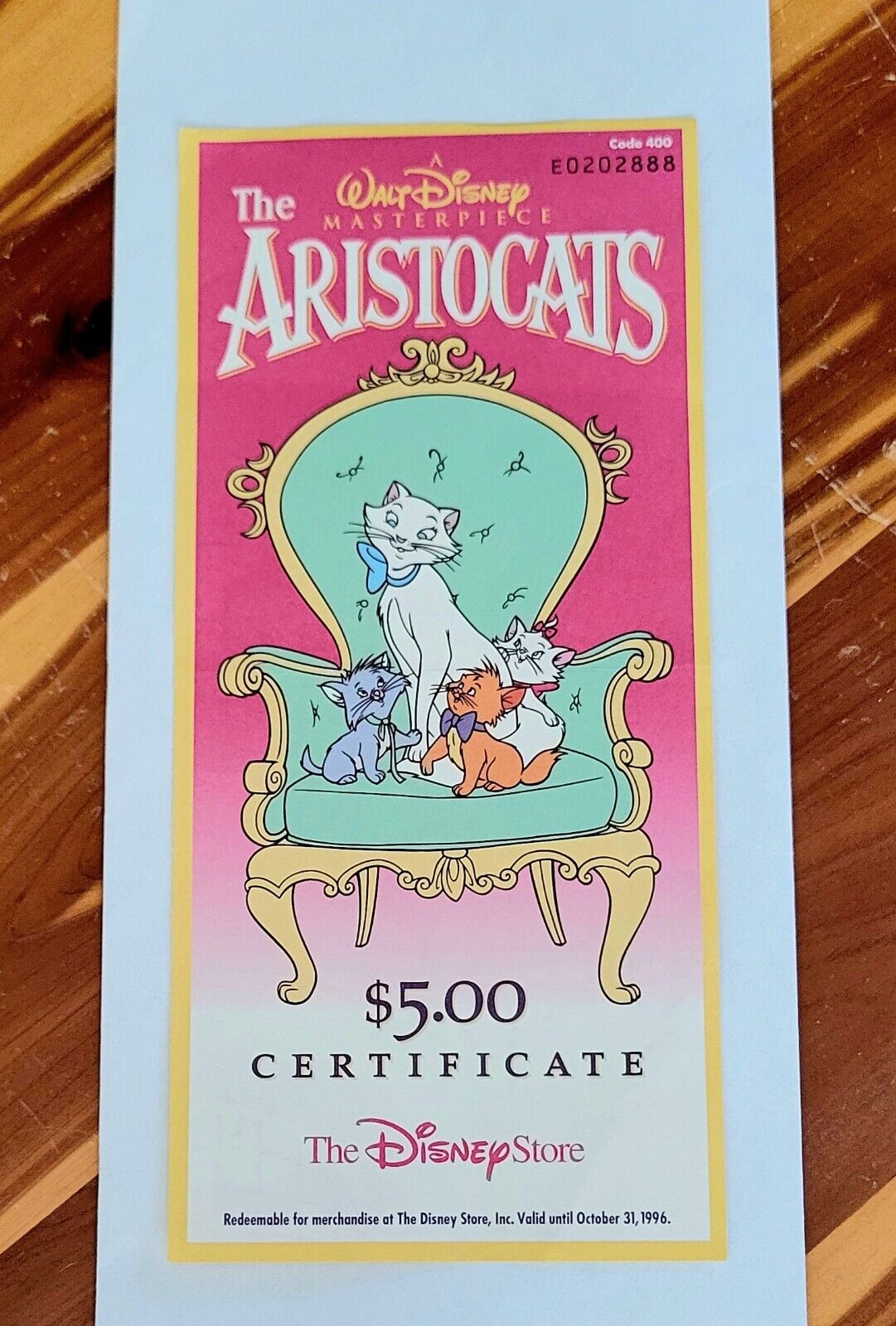 VTG 1995 The Aristocats Disney Store $5 Gift Certificate Rare