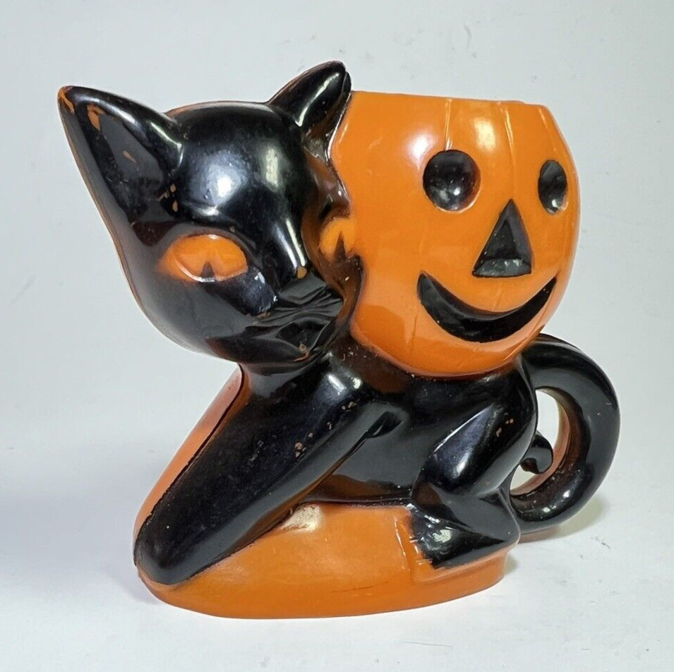 Old Hard Plastic Halloween ROSBRO Cat Jack O’ Lantern Candy Container, Pumpkin