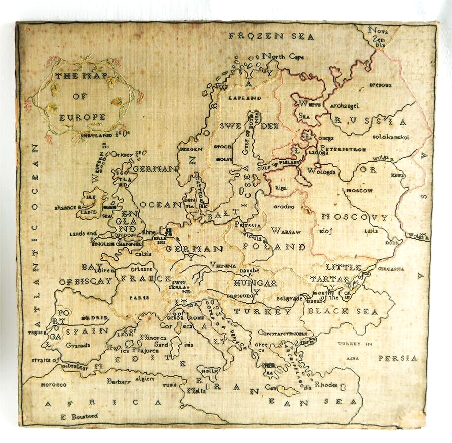 Large Antique 19th Century Needlework Map Sampler of Europe E BOUSTEED