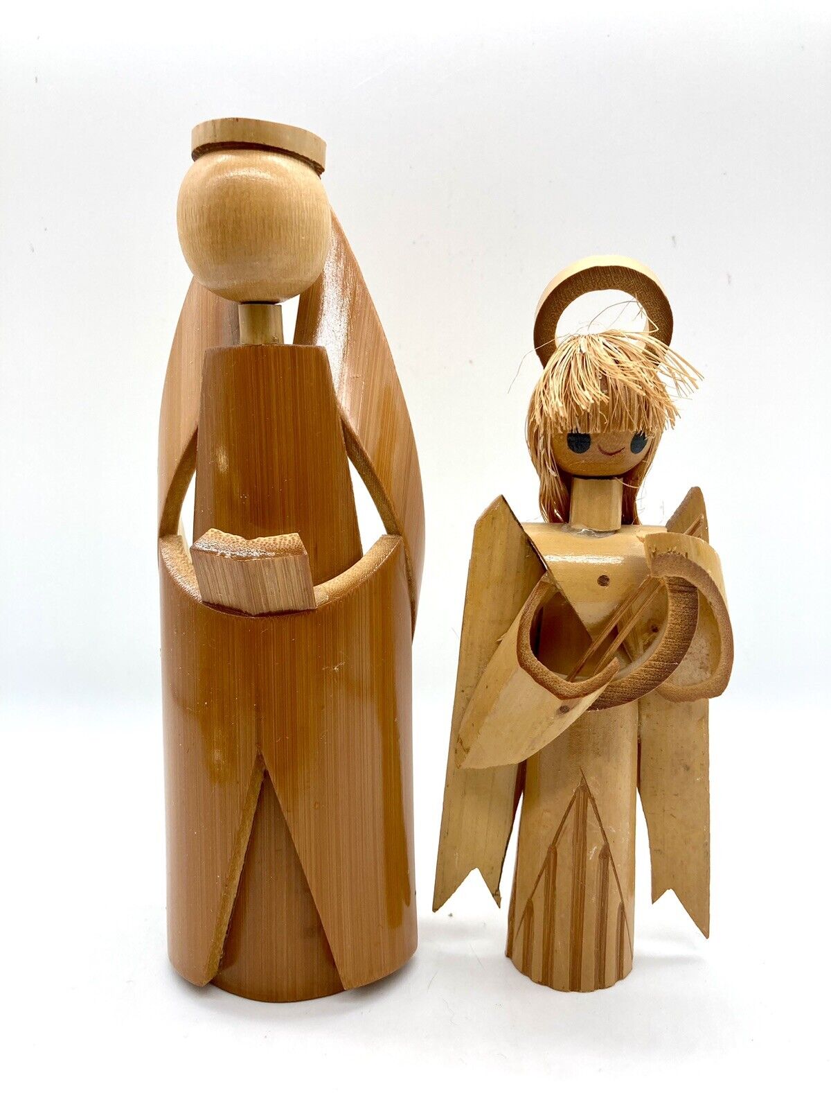 2 Vintage Wood Split Bamboo Angel Figurines Singing Choir Angels Harp Musician
