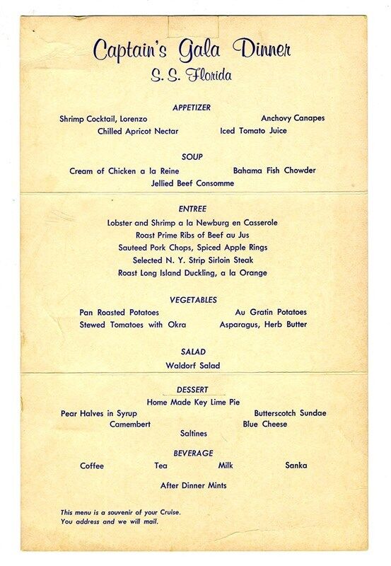 Captains Gala Dinner Menu on board S S Florida P&O Steamship Company 1950\'s
