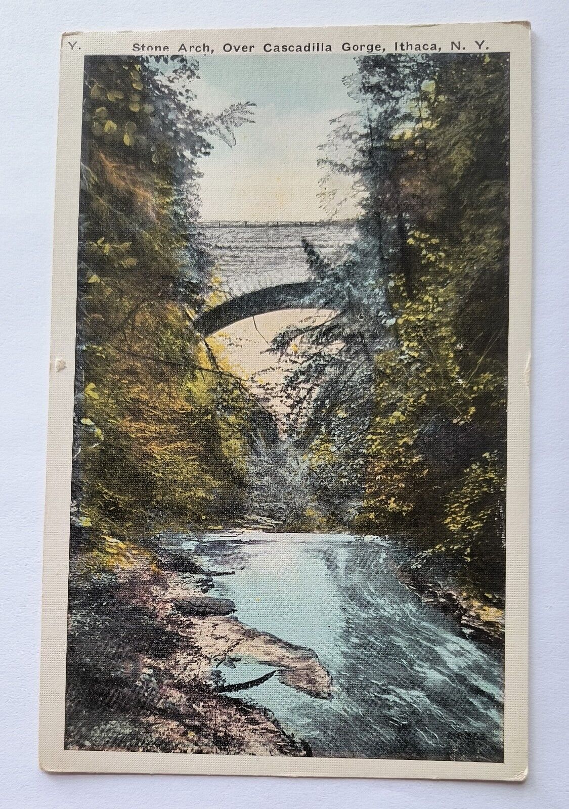 Ithaca NY- New York Stone Arch Bridge Cascadilla Gorge Vintage Postcard D4