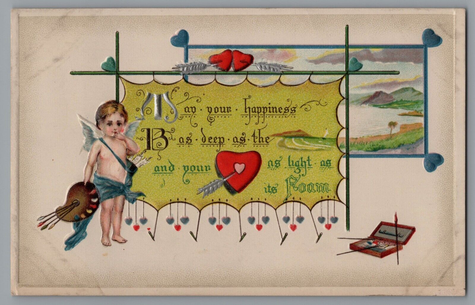 Vintage Valentine postcard. Cupid Artist Palette Paints Gottschalk A84