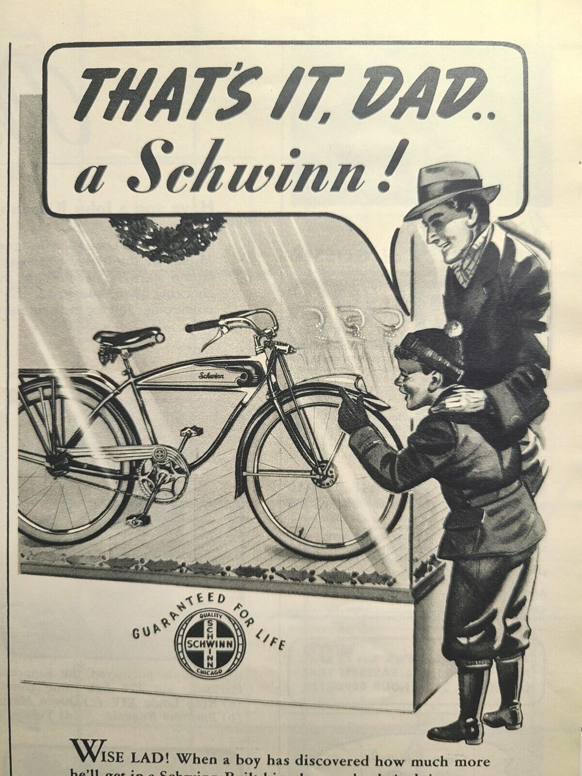 Schwinn Bicycles Dad Son Window Shop Christmas Vintage Print Ad 1940