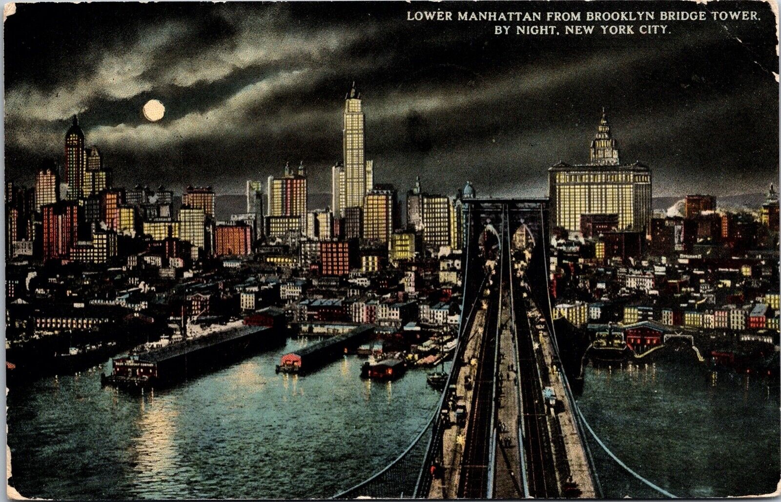 c.1914 Lower Manhattan from Brooklyn Bridge Tower At Night NY City Postcard 