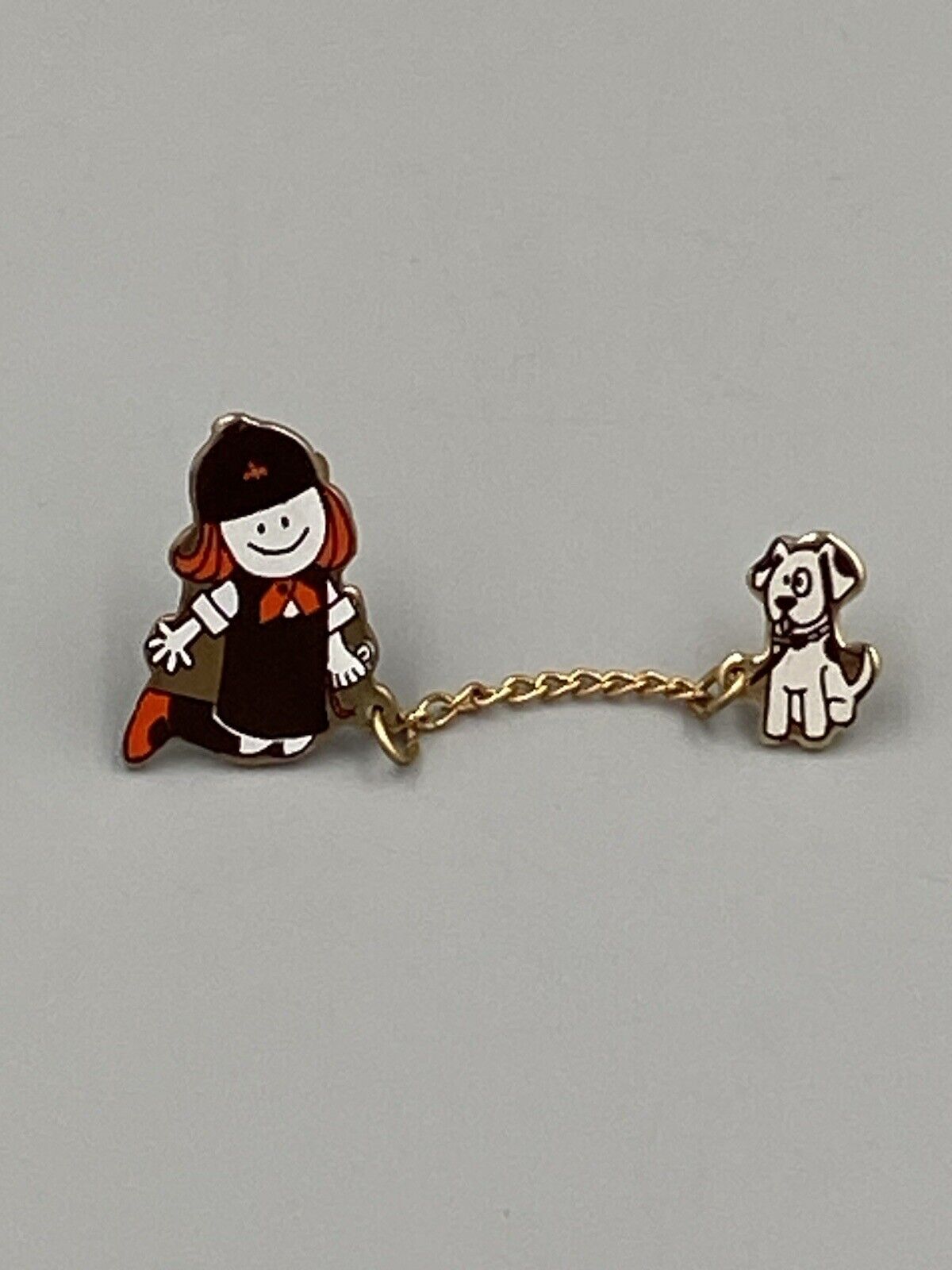 Vintage Red Hair Little Girl & Dog on Chain Collectible Dangle Lapel Pin Brooch