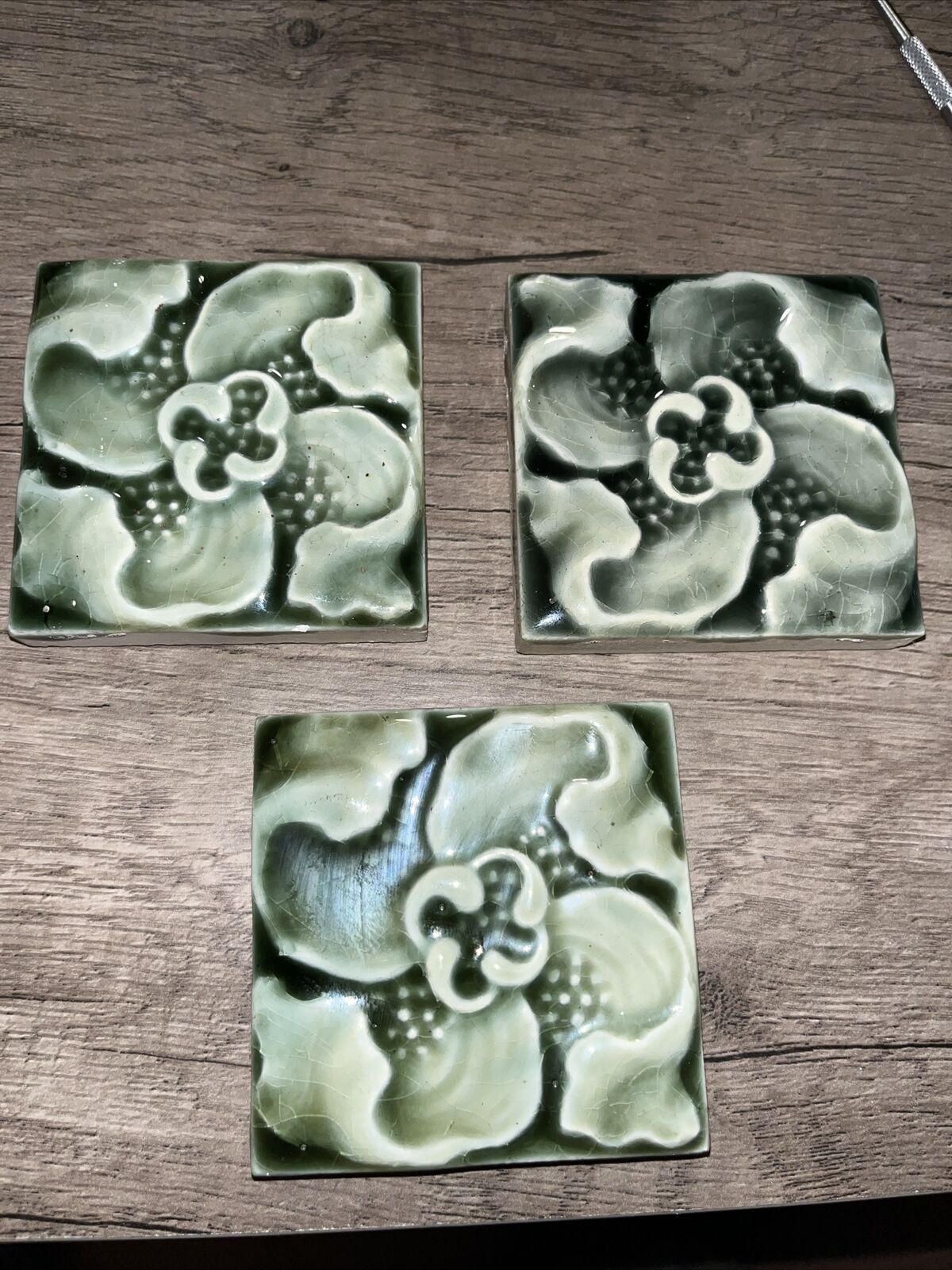 Vtg Ceramic Art Nouvea Style 3x3 Tiles- Lot Of 3