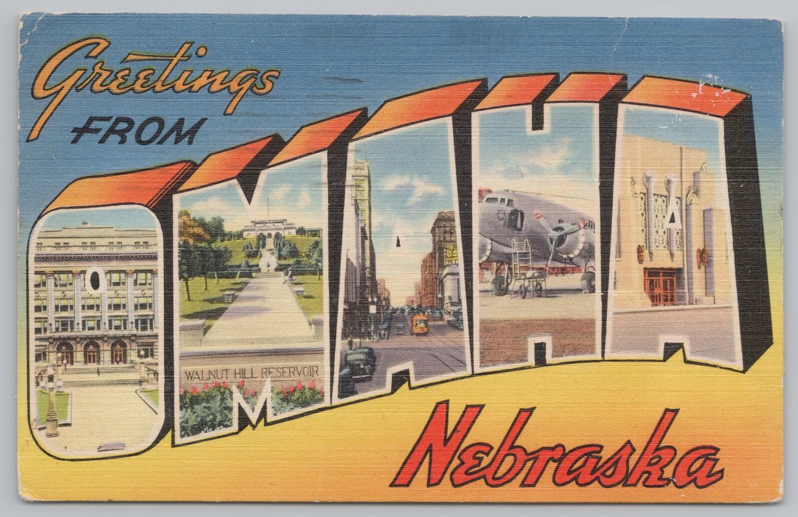 Omaha Nebraska~Walnut Hill Reservoir~Main Street~Plane~Large Letter Linen