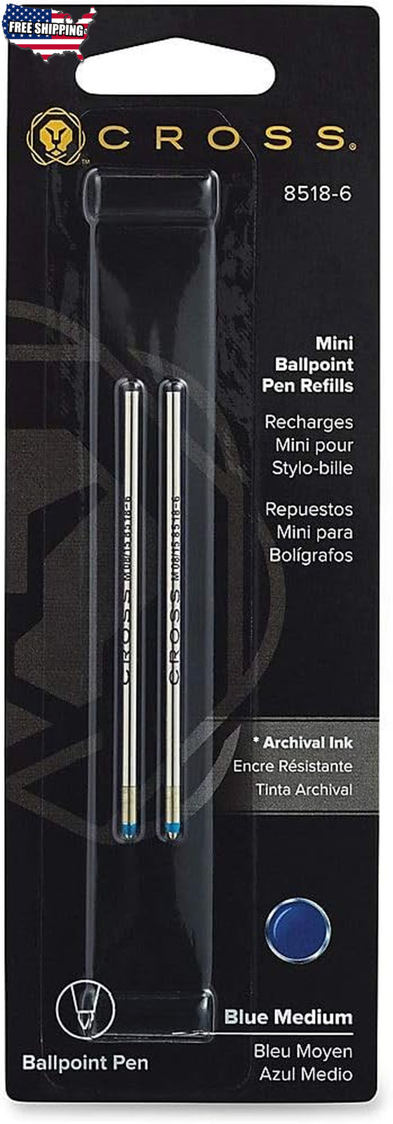Cross Ballpoint Pen Refills Black Med PtNew In Pack 8513-2 2 Refills  2 Pack 
