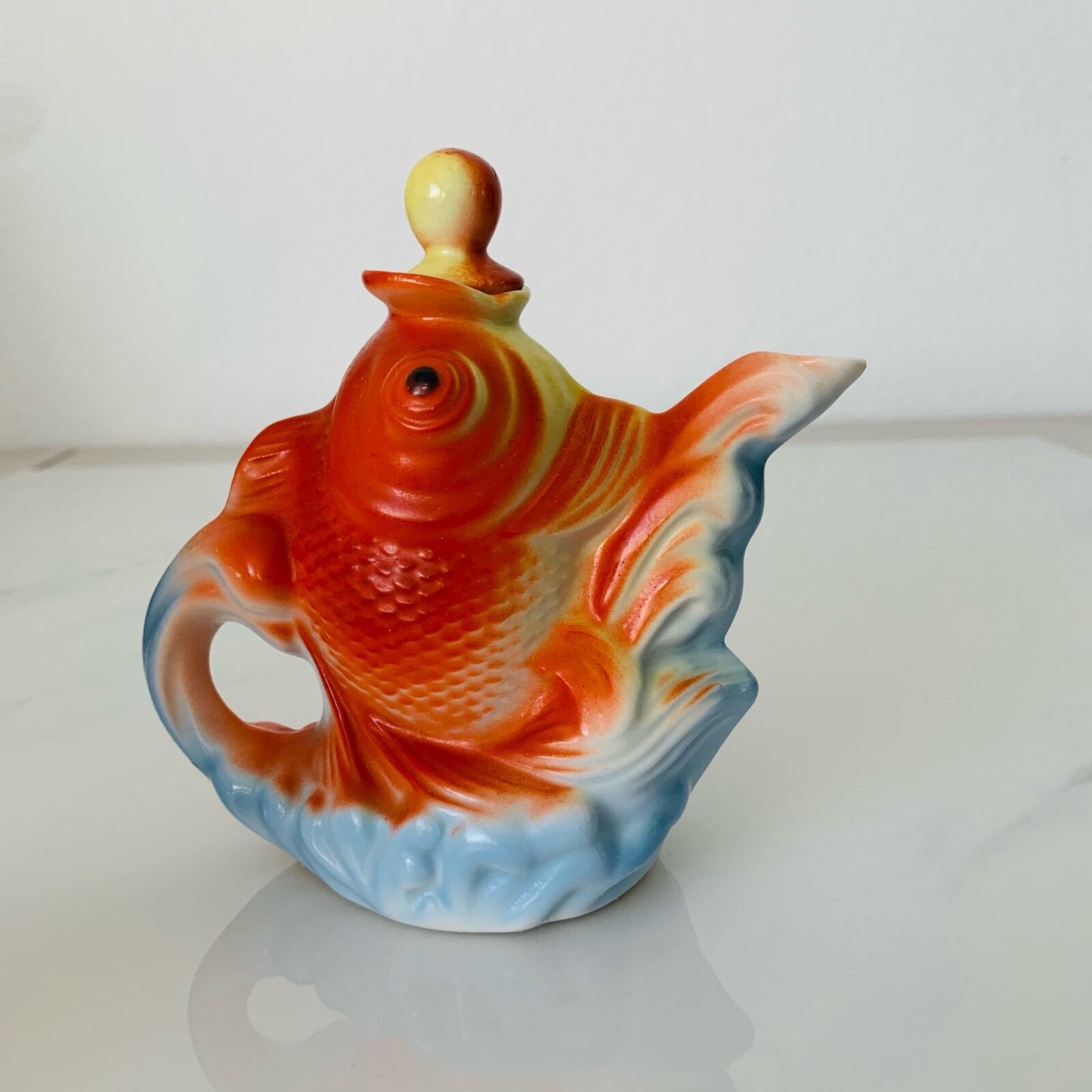 Vintage Goldfish Fish Shaped Teapot Small Porcelain with Stopper Chinese