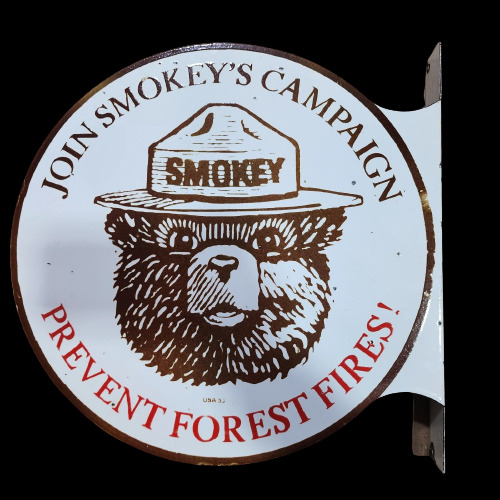 SMOKEY PORCELAIN ENAMEL SIGN 18X20 INCHES DOUBLE SIDED WITH FLANGE