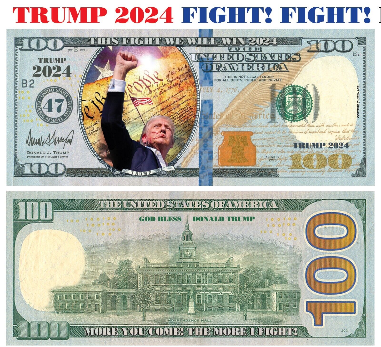 50 pack TRUMP FIGHT, FIGHT FIGHT 2024 Dollar Bills Funny Money Maga