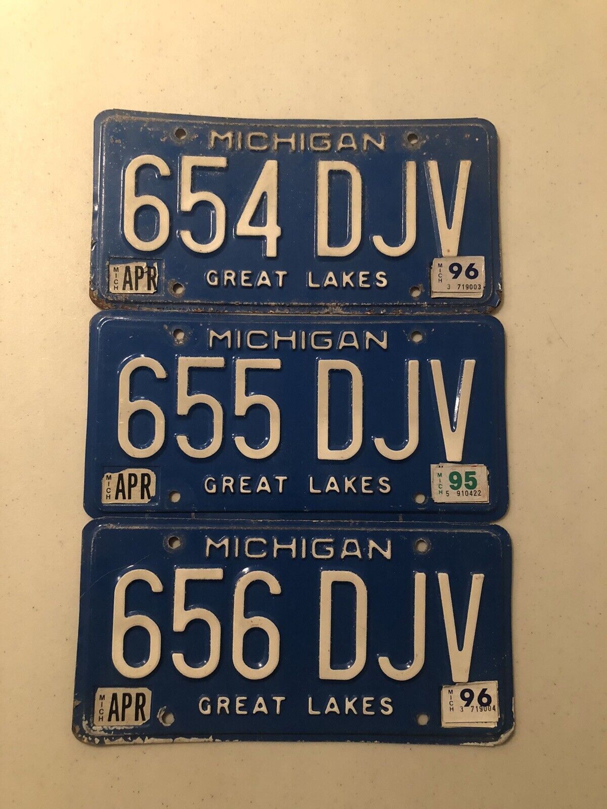 1995 & 1996 Michigan License Plate Auto Garage Décor Plate #654/655/656-DJV