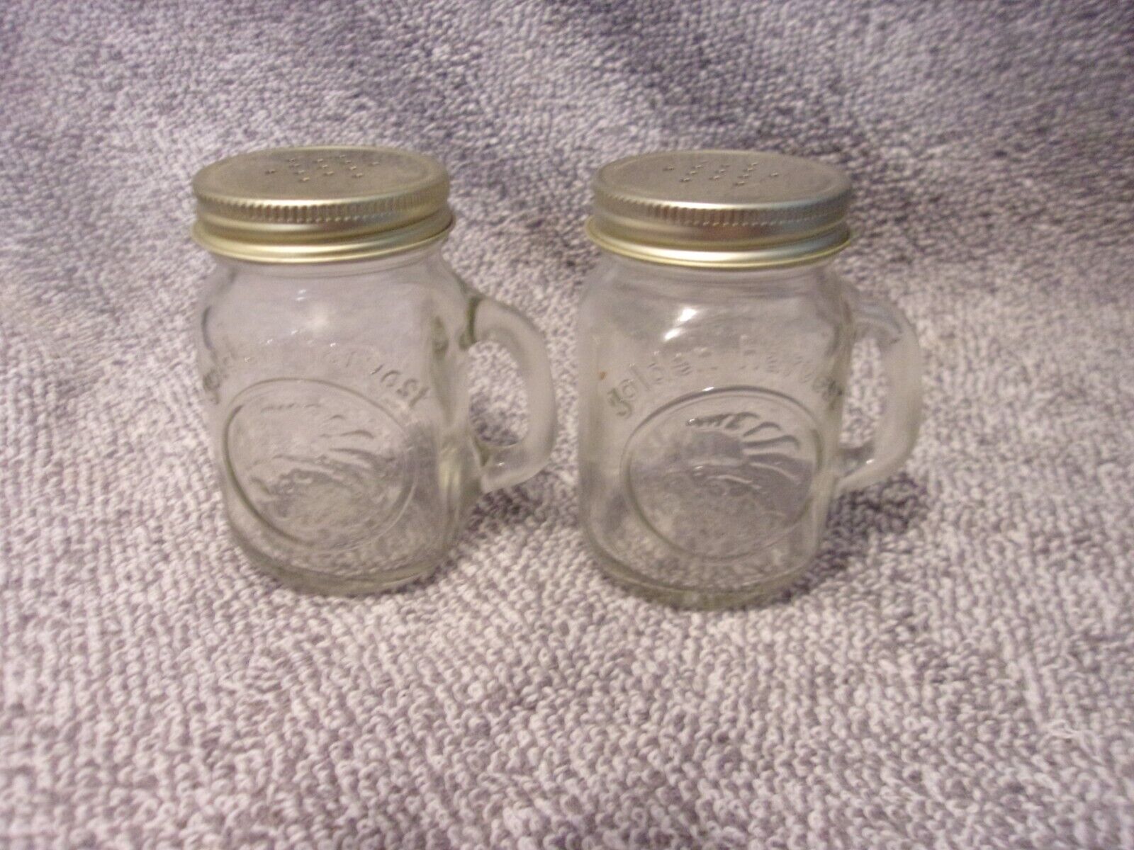 Vintage Unused Golden Harvest Glass Mug Salt & Pepper Shakers Metal Lids
