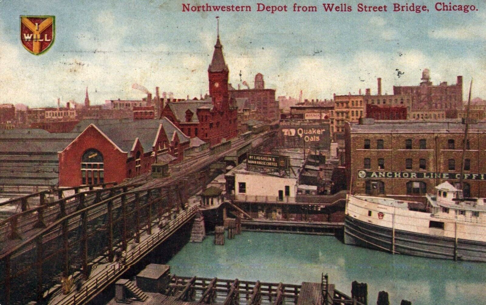 Vintage Postcard- Northwestern Depot from Wells St. Bridge, Chicago. Posted 1909