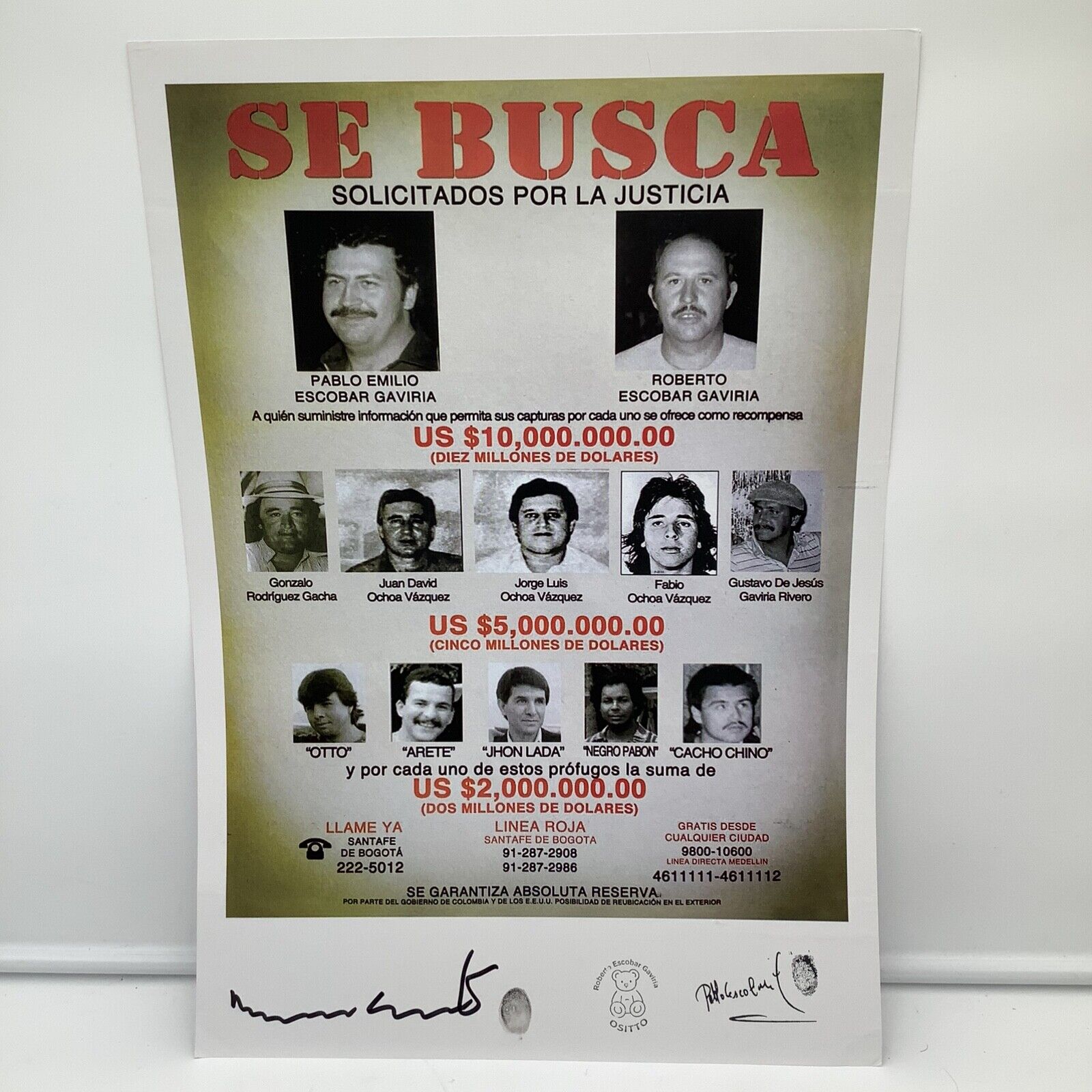 Pablo Escobar And Gang Wanted Poster Autographed By Roberto Escobar 20x14