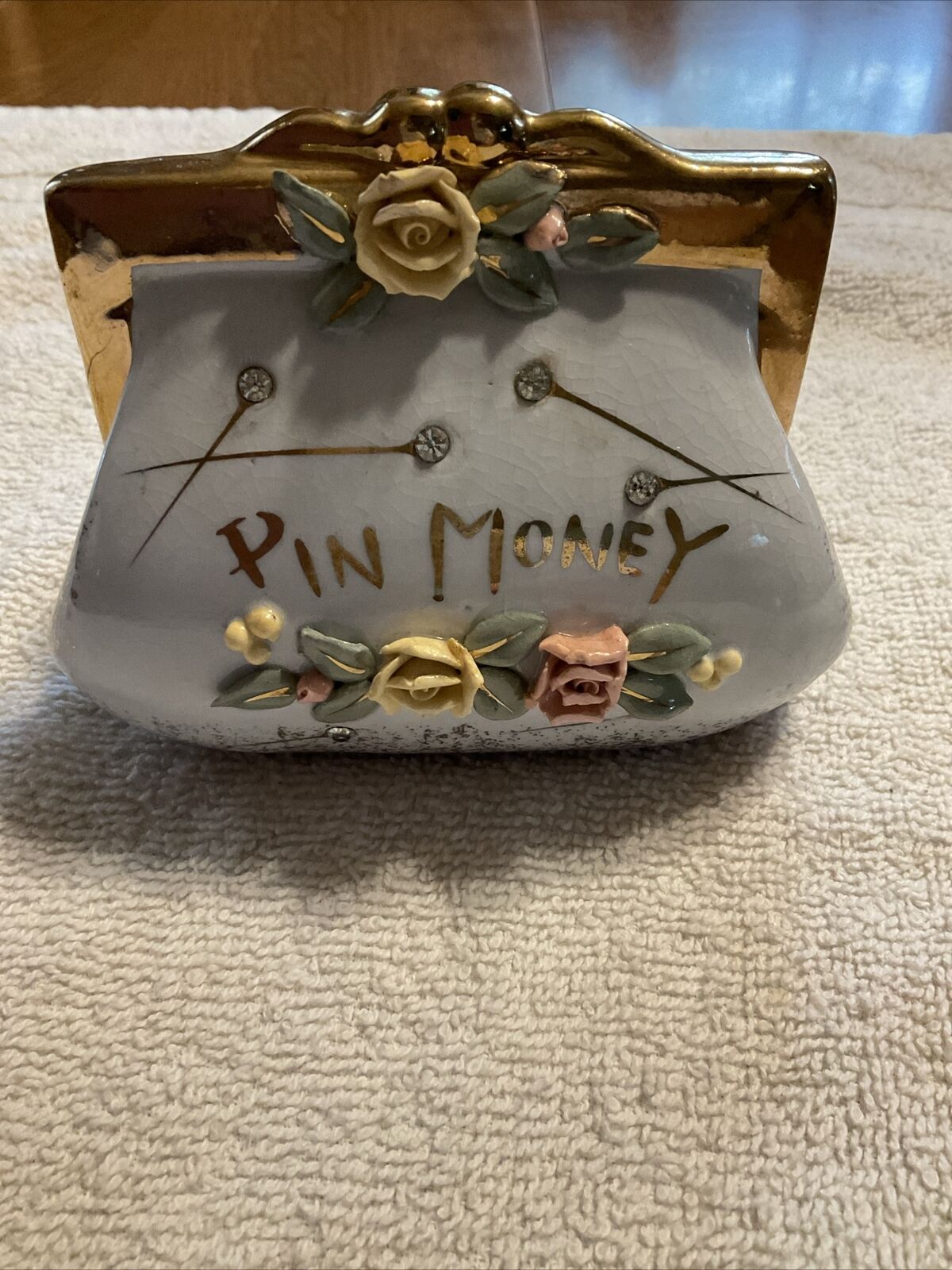 Vintage Lefton\'s PIN MONEY Purse Coin Bank S1346  Roses Leaves  4x6x2