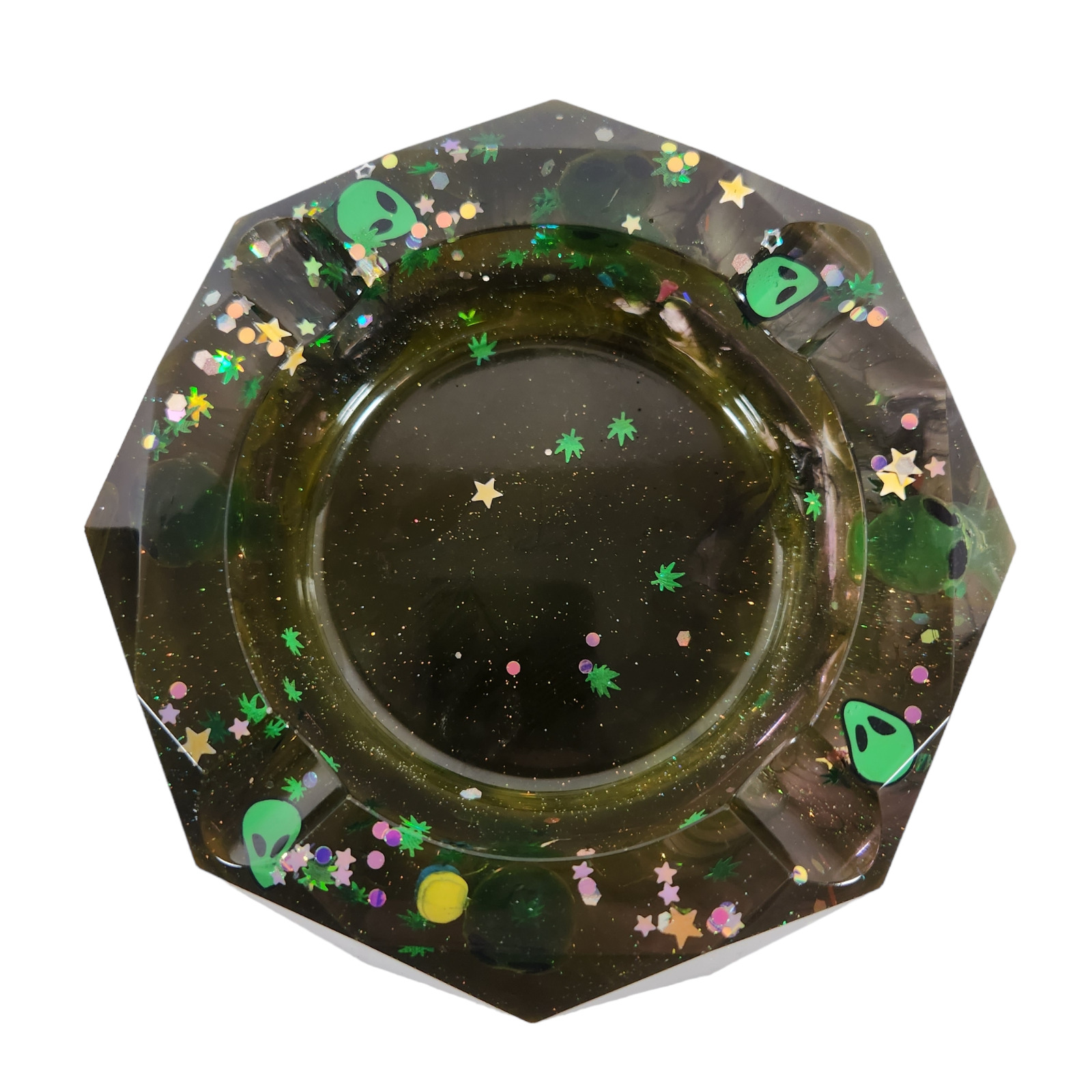 Resin Ashtray Alien Sci Fi Trinket Dish Glitter Stars 6 in Green Black Acrylic