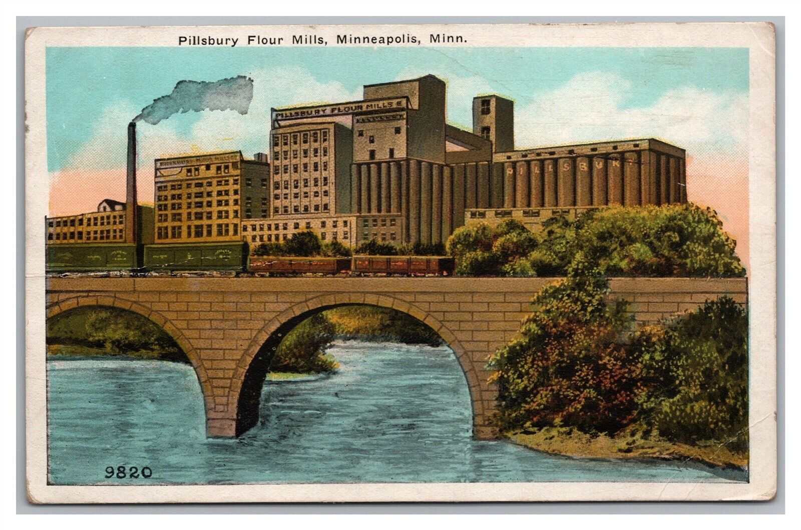 Postcard MN Minneapolis Pillsbury Flour Mills Train Stone Arch Bridge c1920s P20