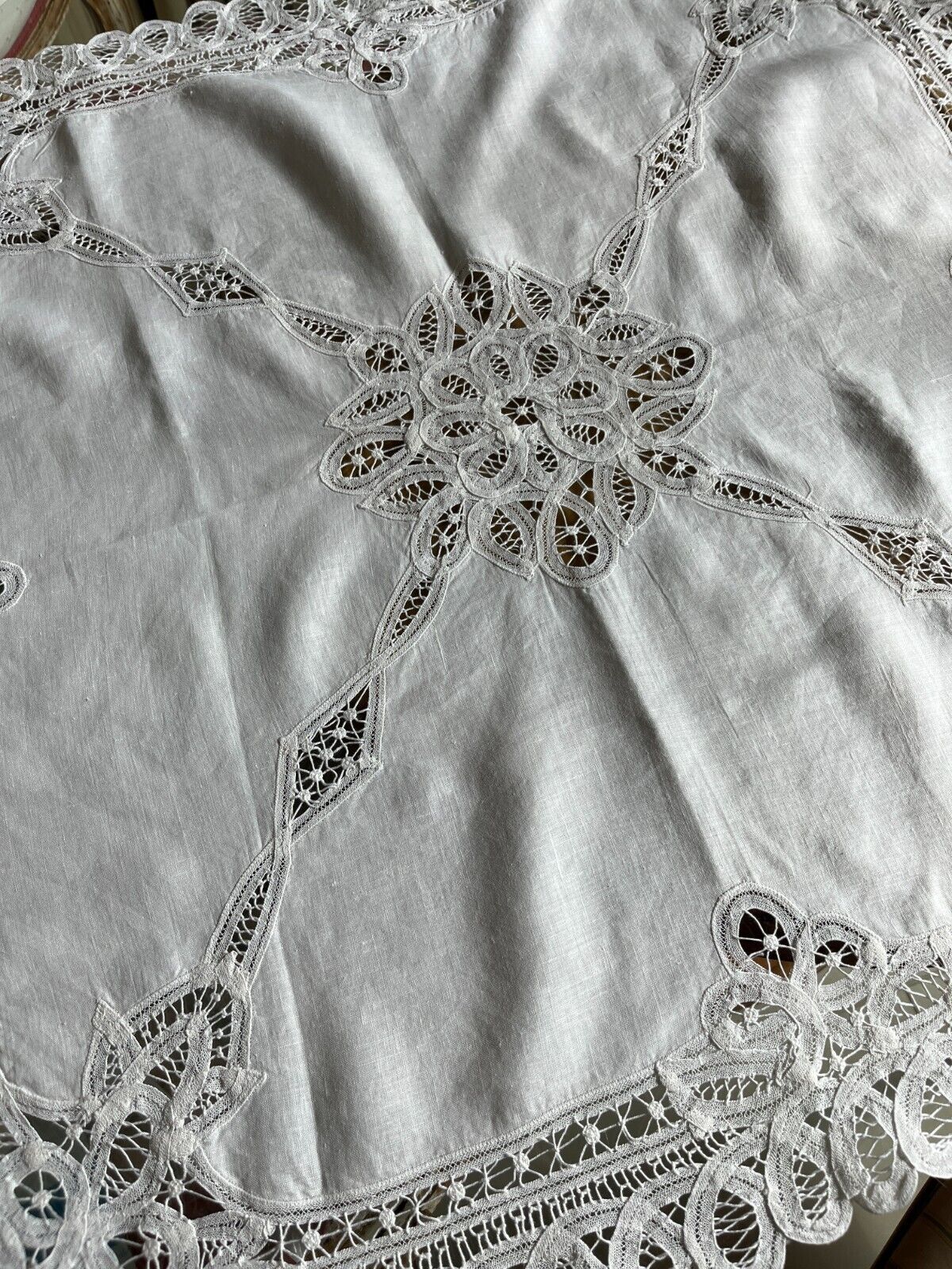 Vintage Genuine Battenburg Needle Lace Tablecloth White Linen  32\