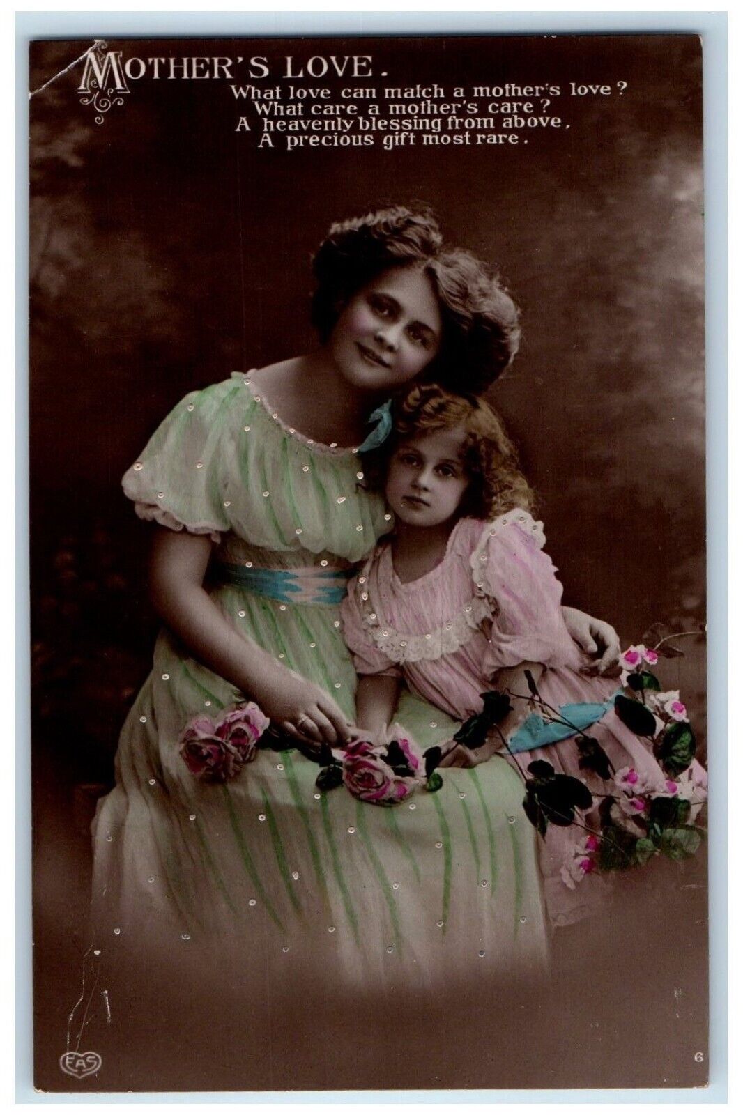 c1910\'s Mother And Daughter Flowers Studio Portrait EAS RPPC Photo Postcard