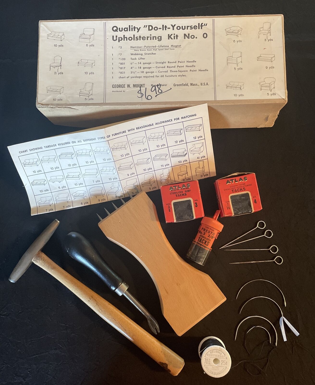 Vintage George W Mount Greenfield, Mass. Upholstering Kit In Box w/#2 Hammer