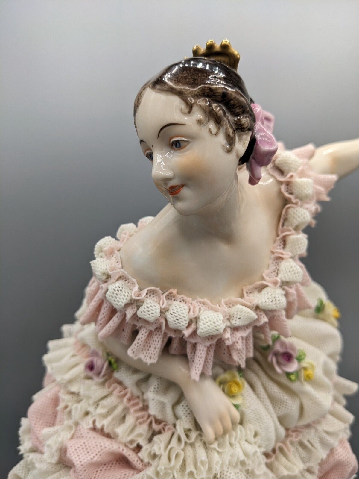 1915s Large German Volkstedt Ballerina Fanny Elssler Porcelain Lace Figurine 12\