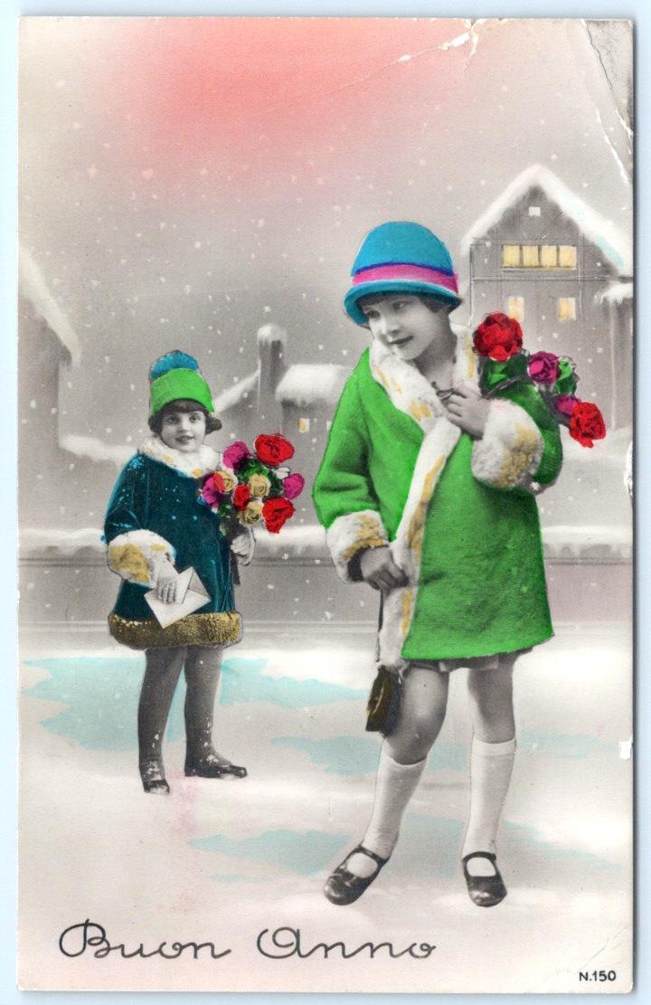 1931 RPPC COLORED BUON ANNO HAPPY NEW YEAR GIRLS GREEN BLUE COATS HATS POSTCARD