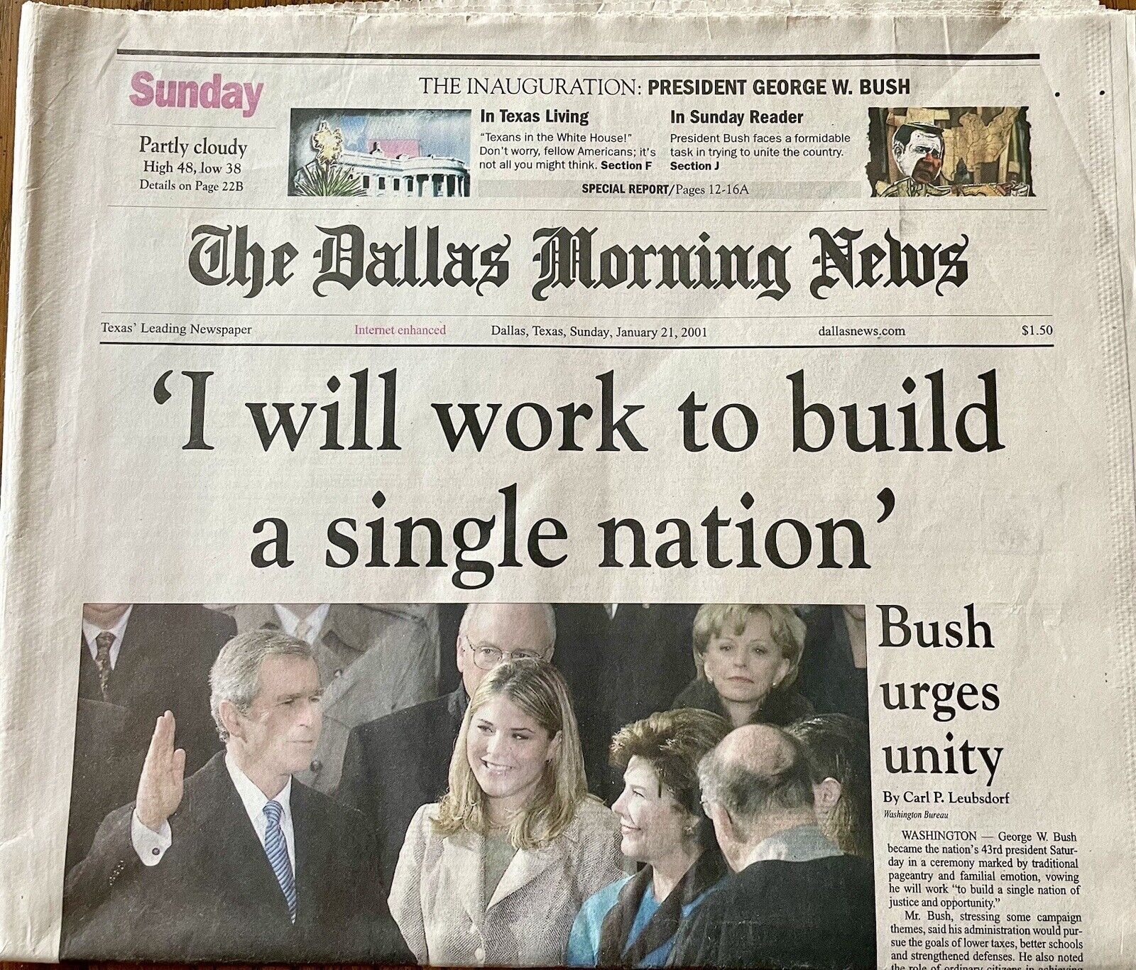 George W Bush 2001 Inauguration Dallas Newspaper after long Bush v Gore Court
