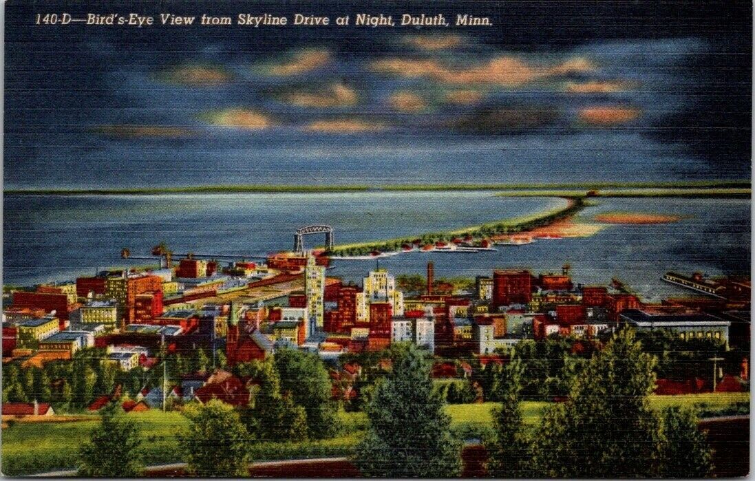 Postcard Duluth MN Minnesota Skyline Night Birds Eye View