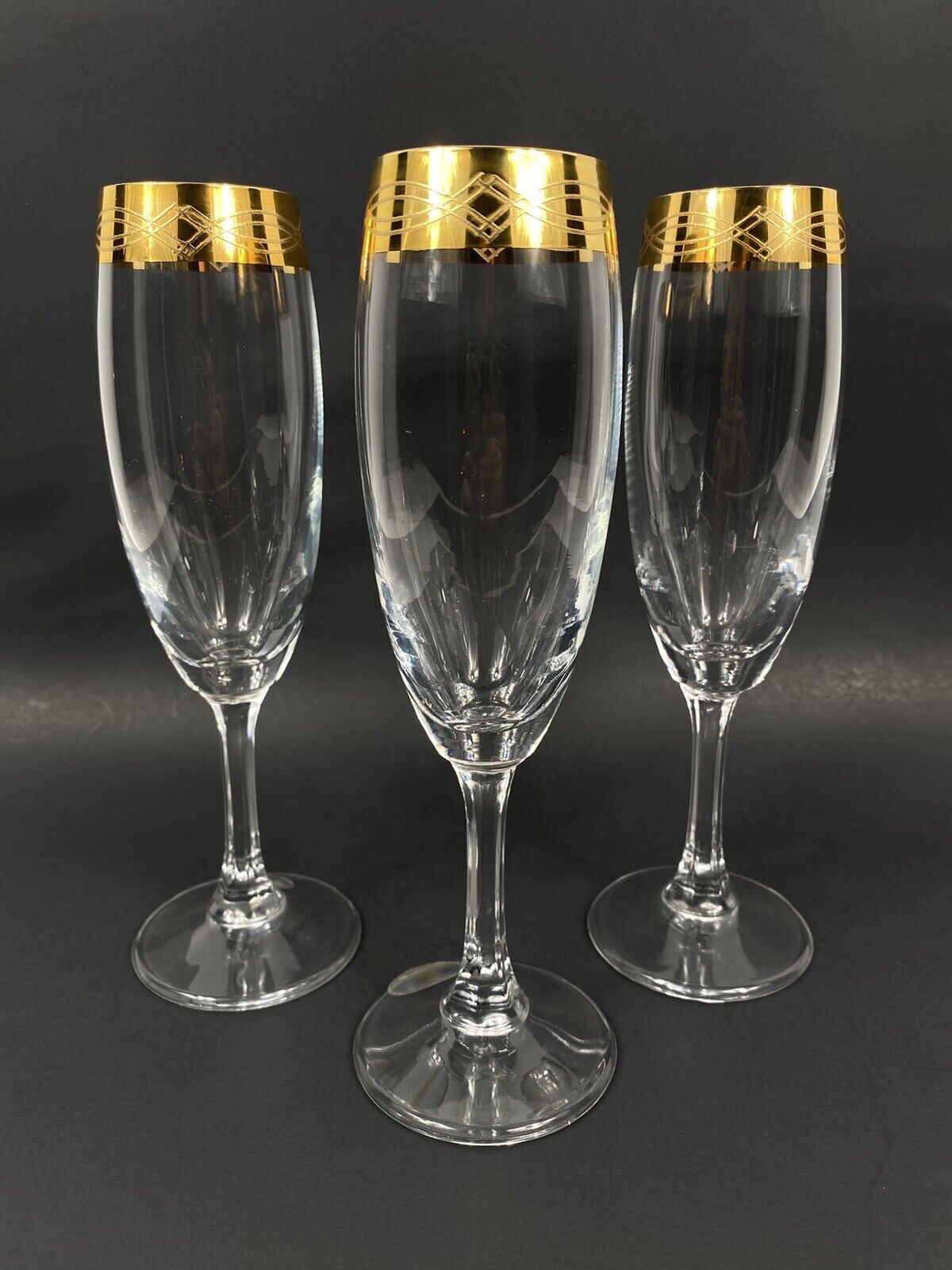 3 VTG T. Preziosi Lavorato and Mano Champagne Glasses Flutes w/24K Gold Rim NEW