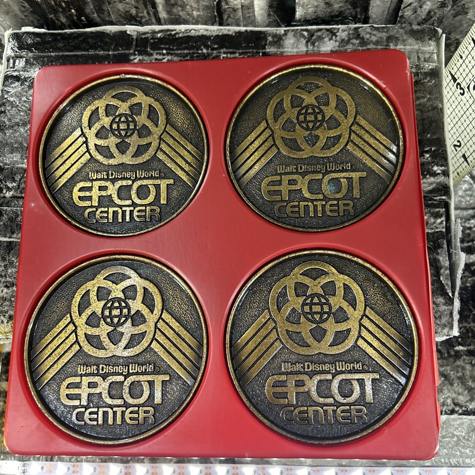 Walt Disney World Epcot Center Metal coaster coasters for cup cups (set of 4)