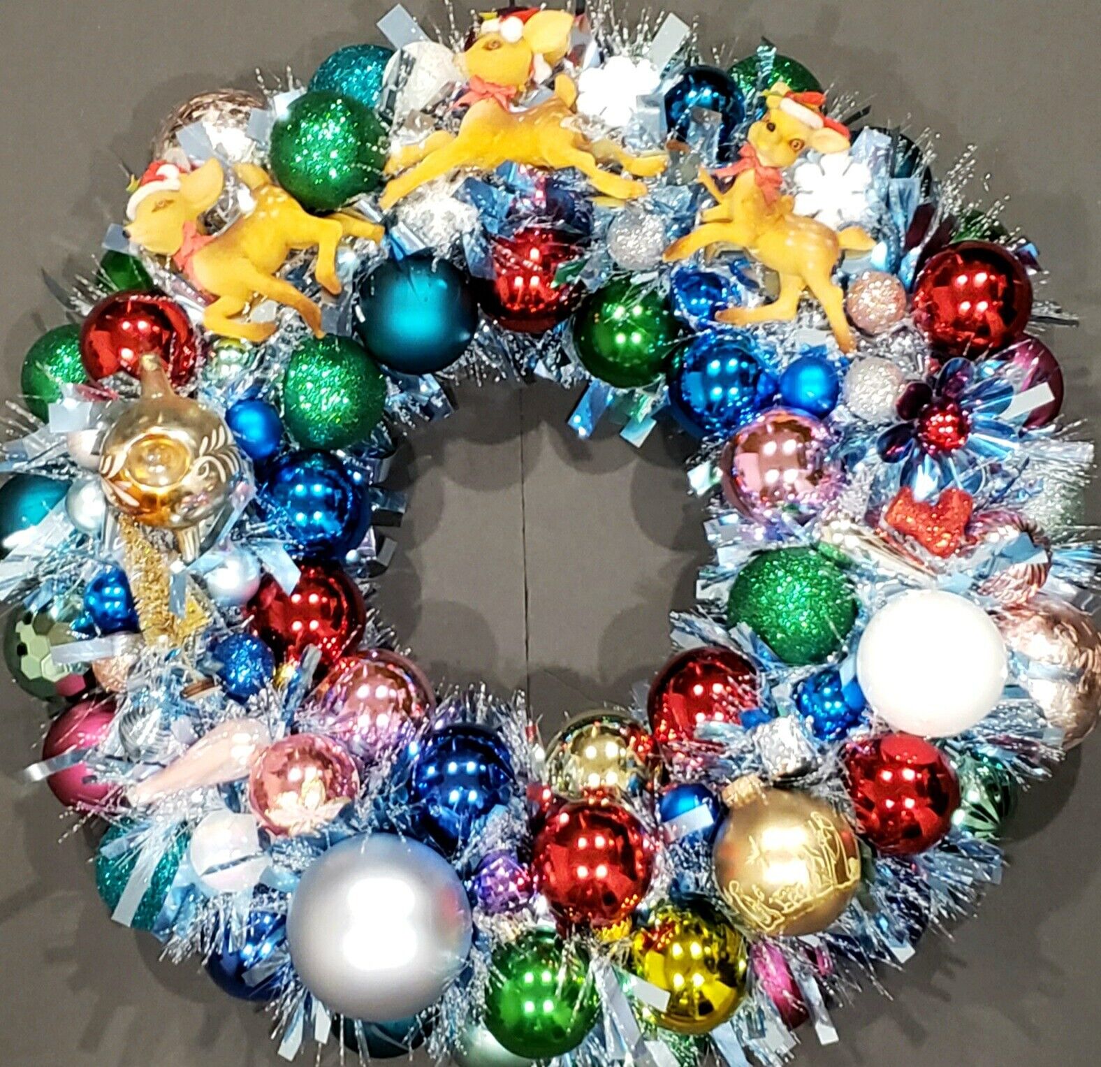 Vintage Handmade Christmas Ornament Wreath, Flocked Reindeer, Triple Indent, 21\