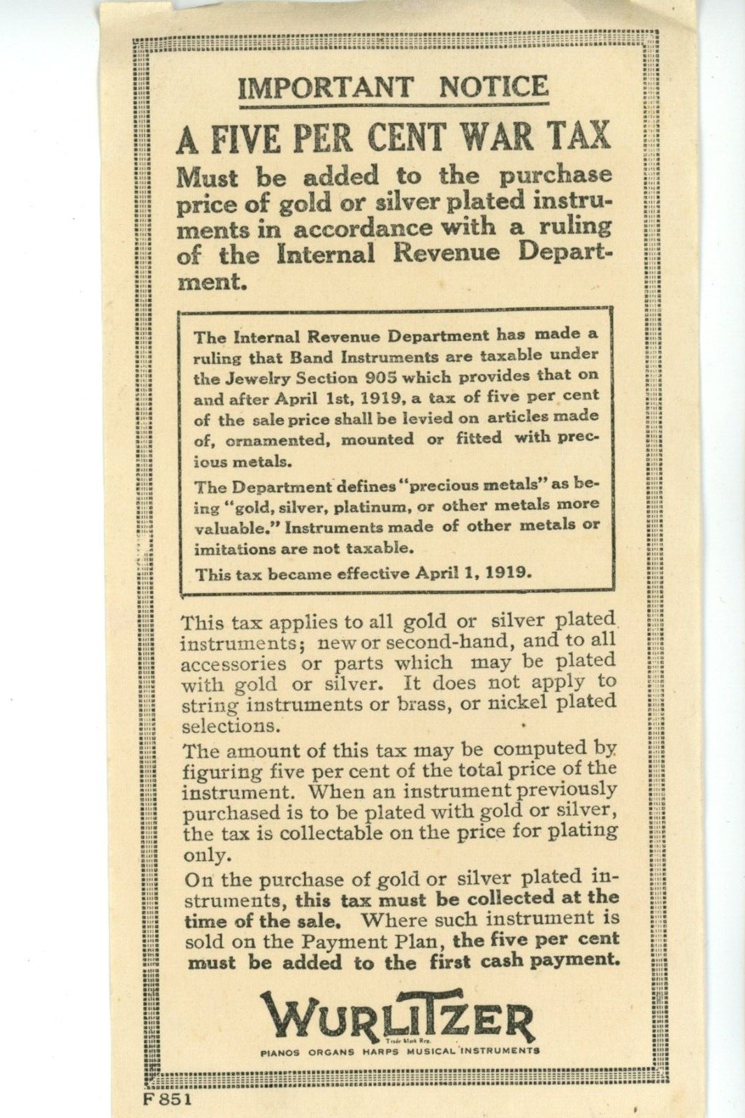 WW 1  Wurlitzer  Notice for 5% War Tax  On Gold Or Silver Plated Instruments