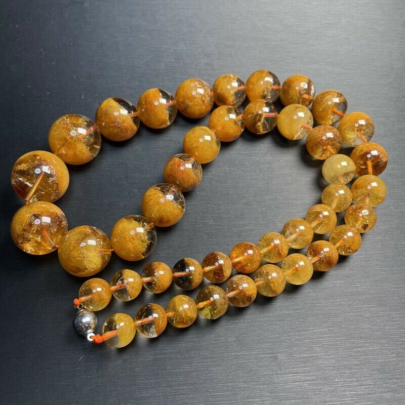 239.7g TOP Rare Natural Clear Gold hair Rutilated Quartz Crystal Beads Necklace 