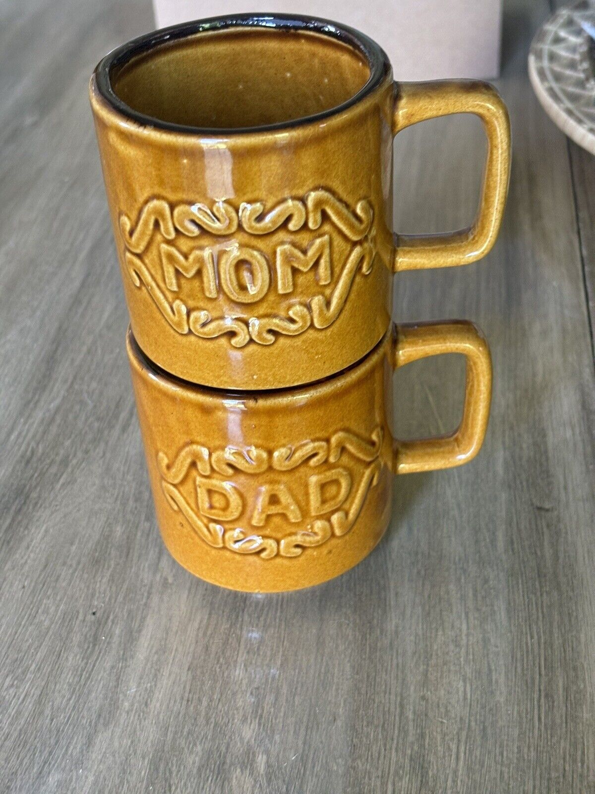 1970s Vintage Mom And Dad Gold Brown Ceramic Coffee Mugs Japan MCM Stackable