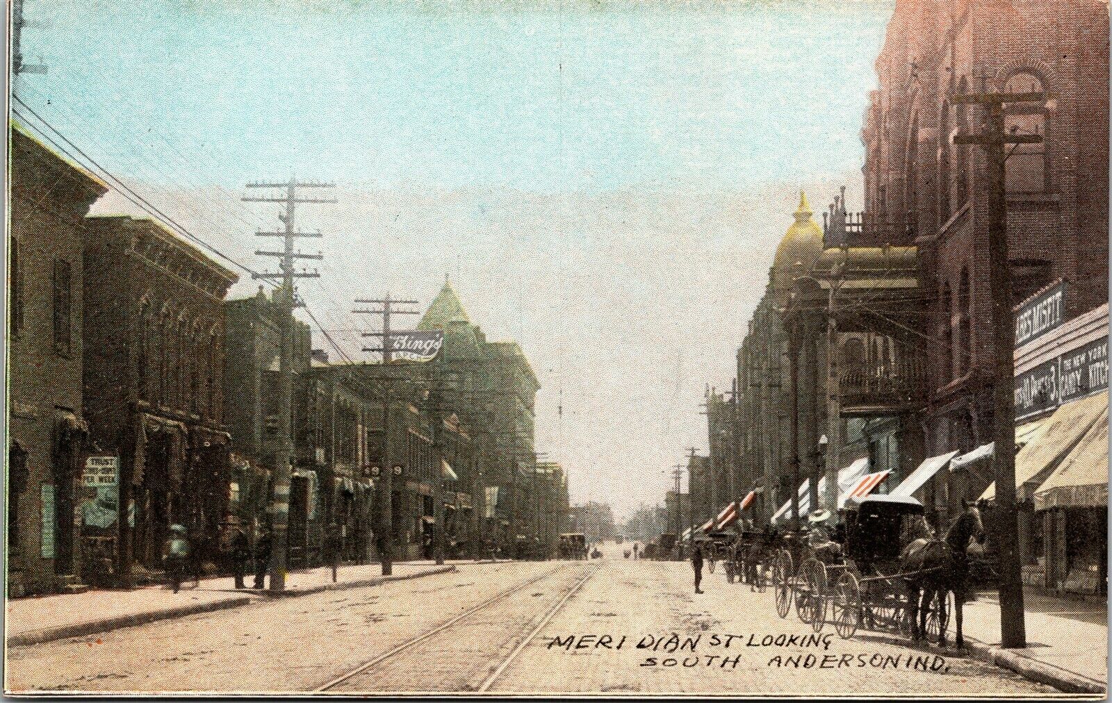 Postcard IN Anderson Meridian St. Looking South Buggies Shops C.1910 M16