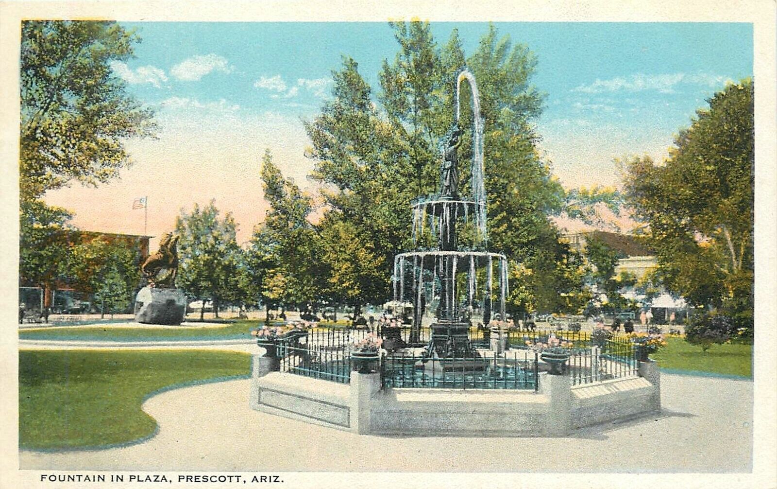 Postcard 1920s Arizona Prescott Fountain in Plaza Yavapai County Teich 23-13643