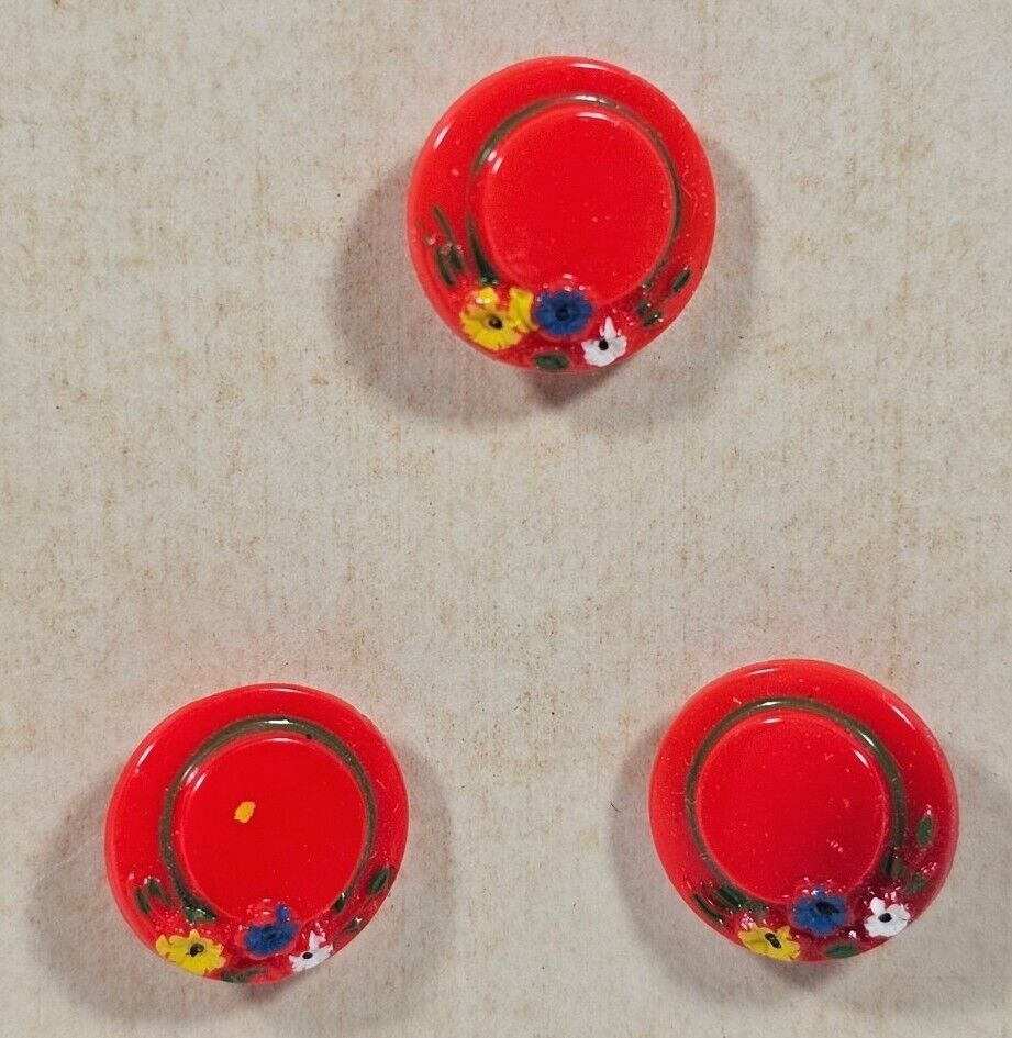 Vintage Adorable Red Glass Hat Buttons w/ Handpainted Flowers Germany US Zone