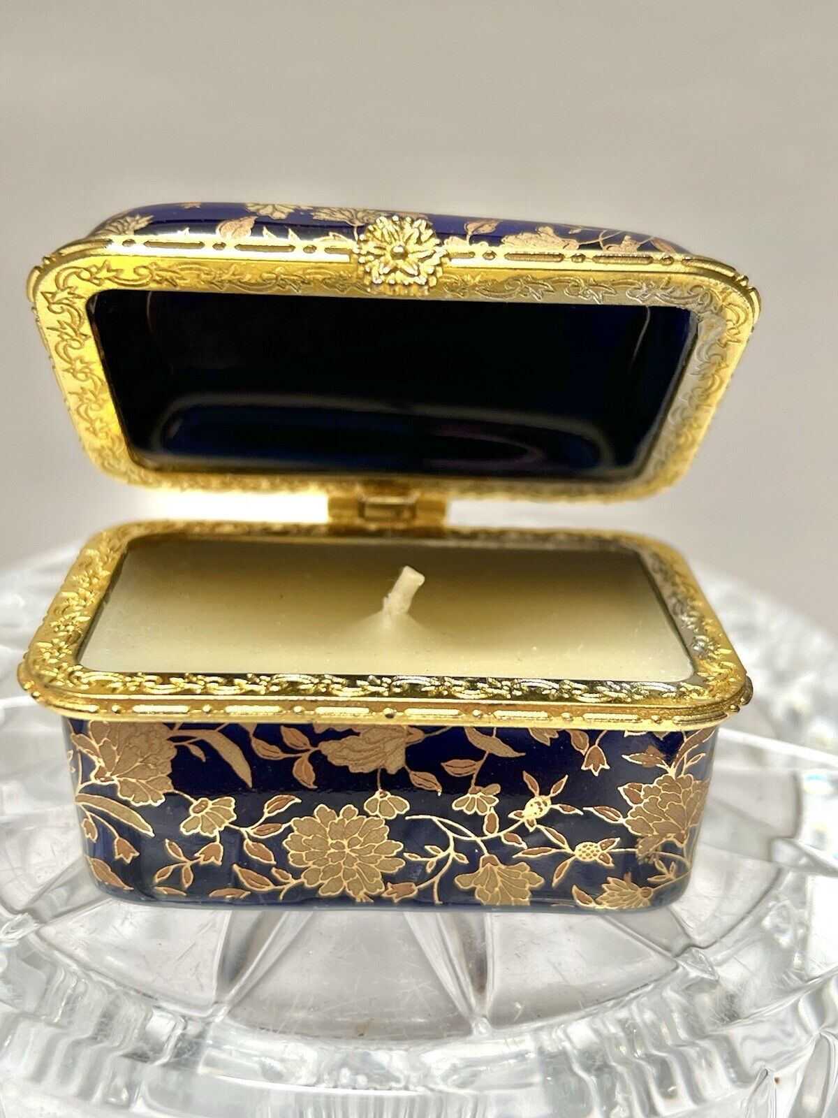 Trinket Box Cobalt Blue with Scented Candle, Gold Gilt Trim, Hinged Lid