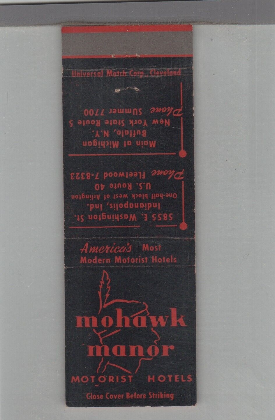 Matchbook Cover Mohawk Manor Motorist Hotels Syracuse, NY