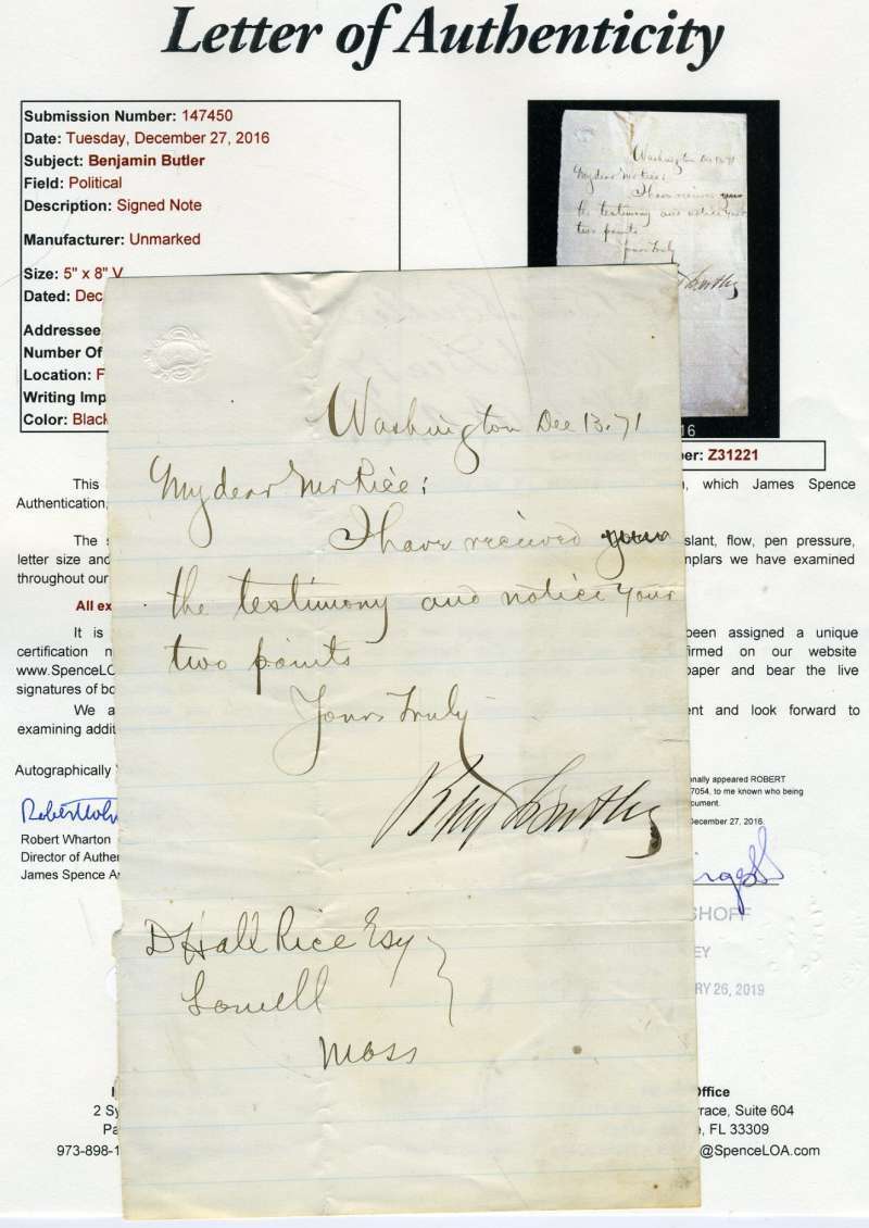 Union General Benjamin Butler Signed Jsa Coa 1871 Letter Authentic Autograph