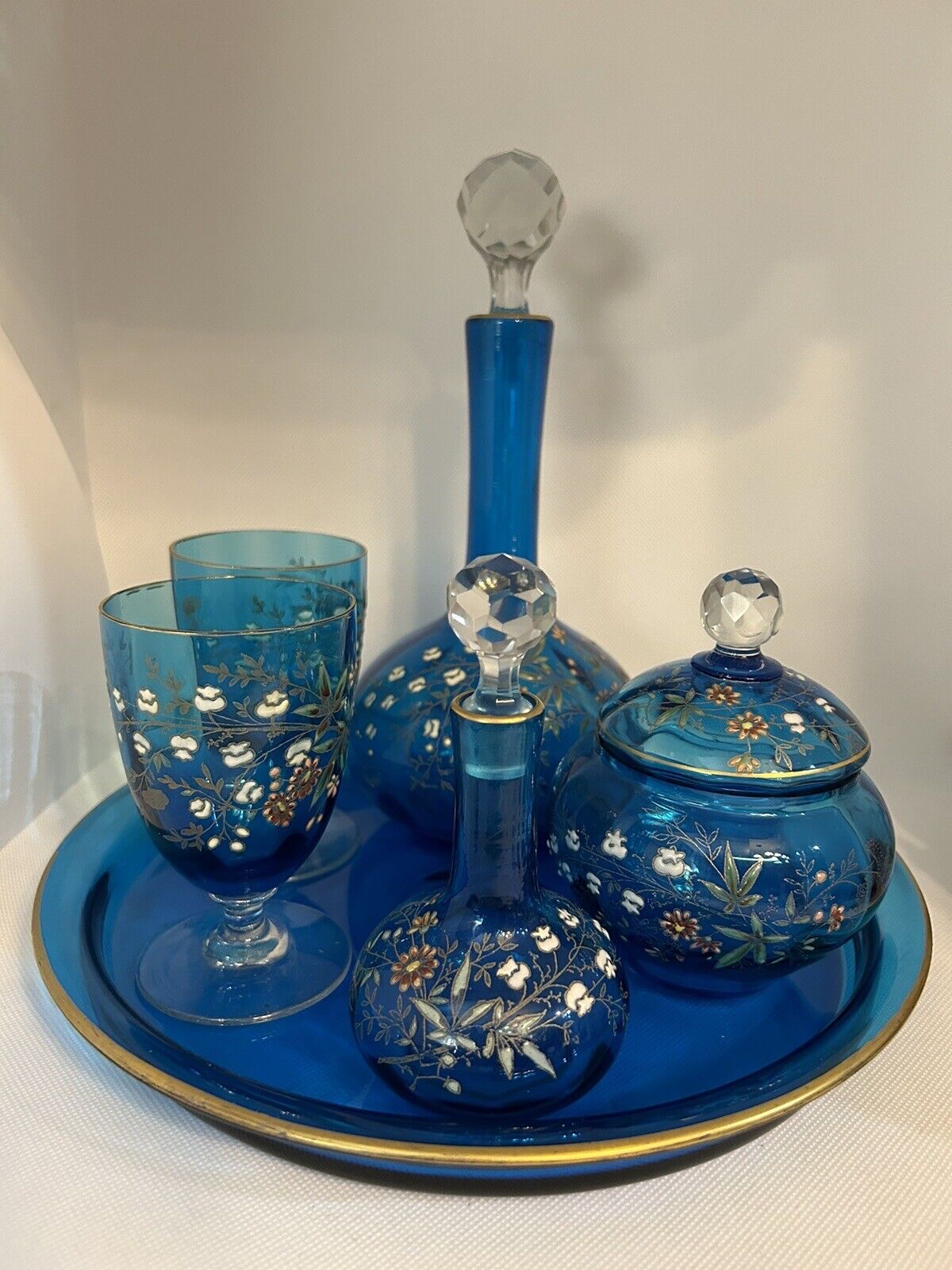 Rare French Antique Legras Complete Absinthe Set Aqua Glass Enamel Art Nouveau