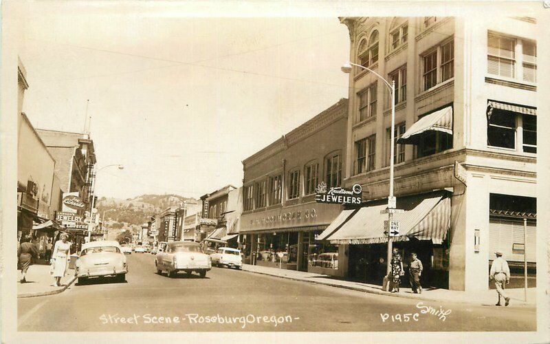 Roseburg Oregon Street Scene Autos Smith P195c 1955 RPPC Photo Postcard 21-8117