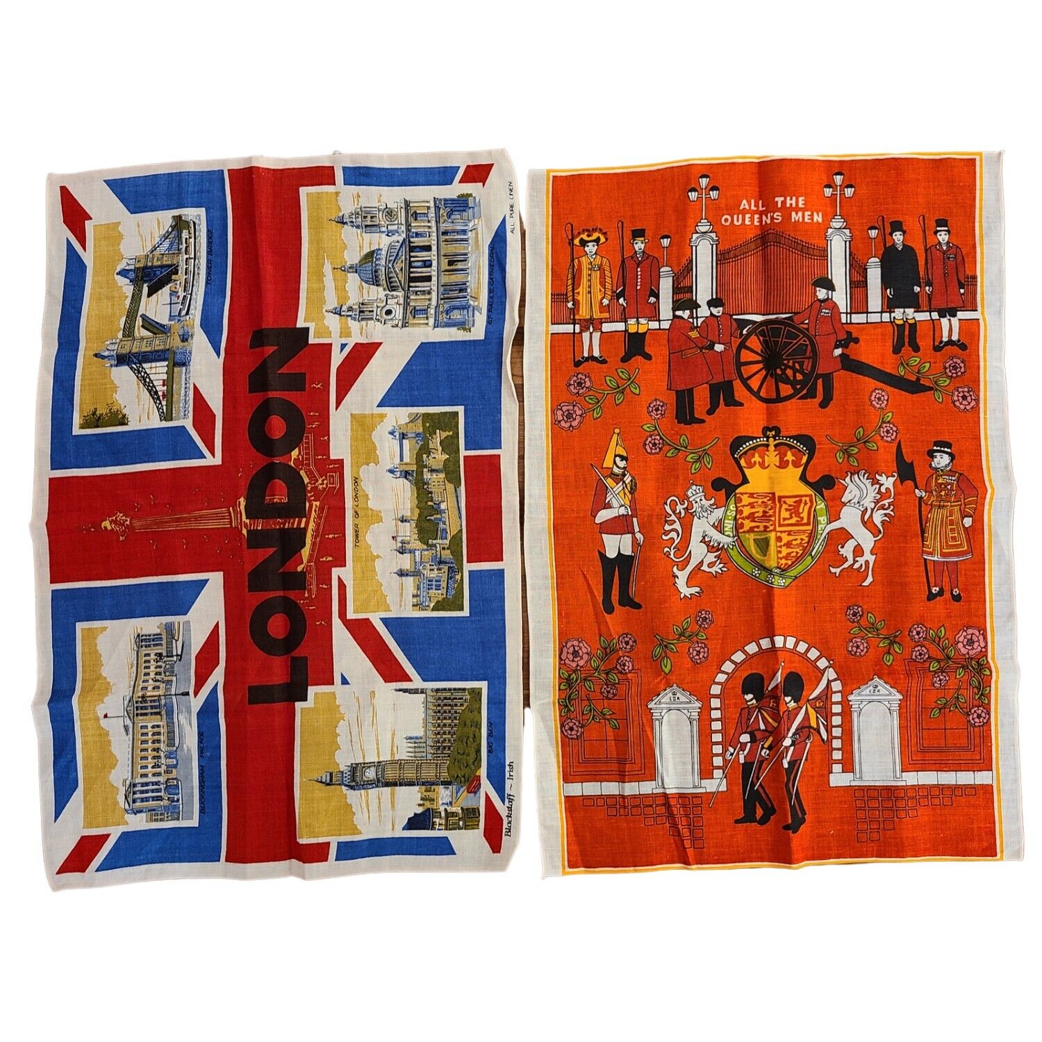 RARE Vintage Tea Towels London Jack England Linen Landmarks & All The Queens Men