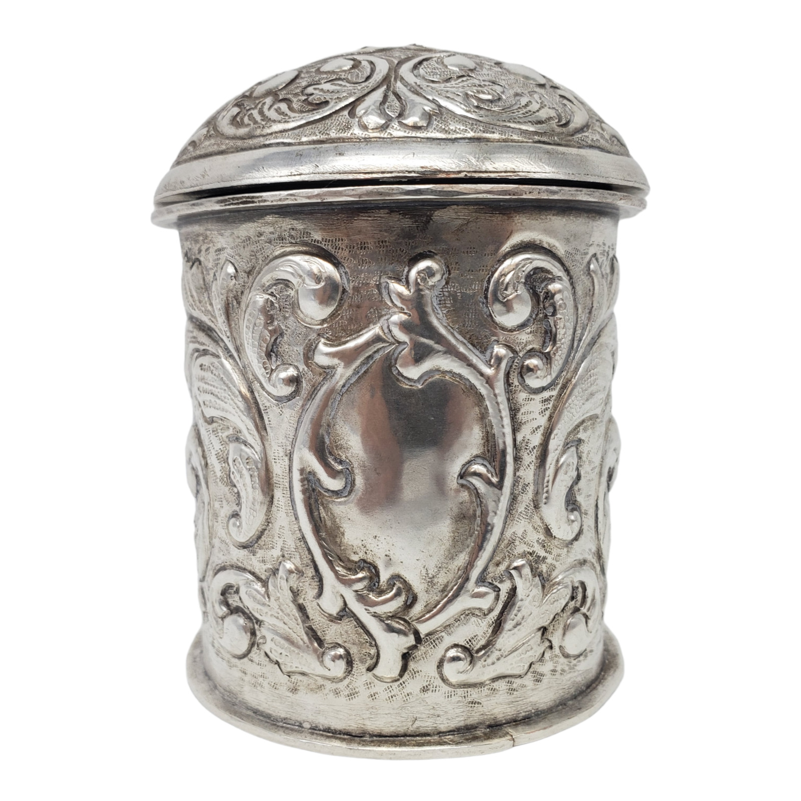 Antique 1800-1910 Silver Plated Repousse Vanity Jar Vessel Ornate  4X3 READ