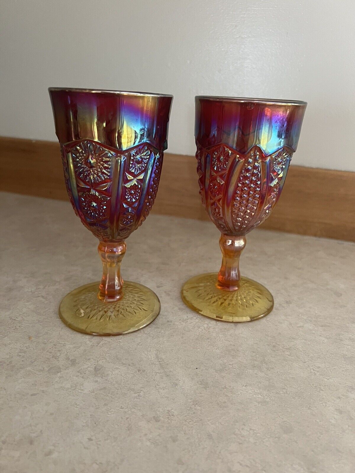 SET OF 2 Indiana Carnival Glass Iridescent Goblets Vintage