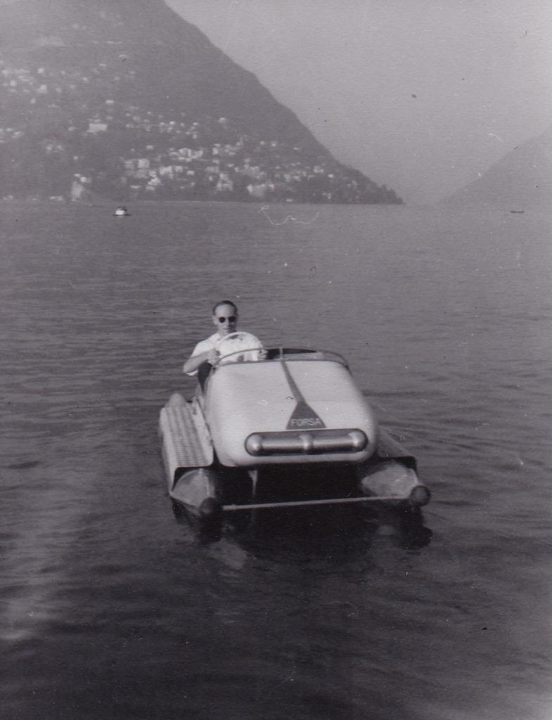 Vintage Black & White Photograph 1950\'s Man on Forsa Pontoon Boat in Europe