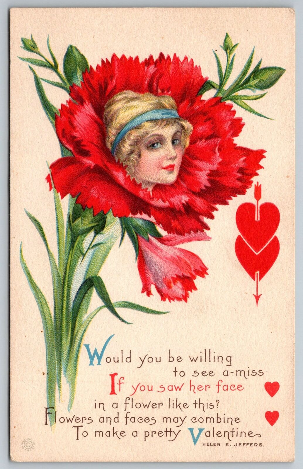 Valentine~Fantasy Face Flower~Blonde Girl~Red Carnation~Jeffers Poem~Stecher