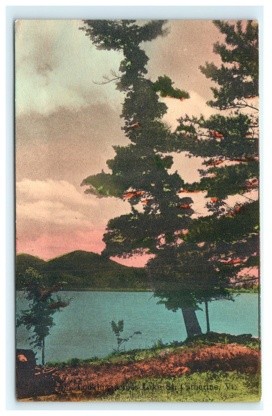 Looking Across Lake St. Catherine VT Vermont Early Postcard Colorful Sunset